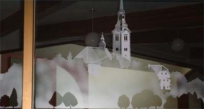 etched glass panel of Slovenian church